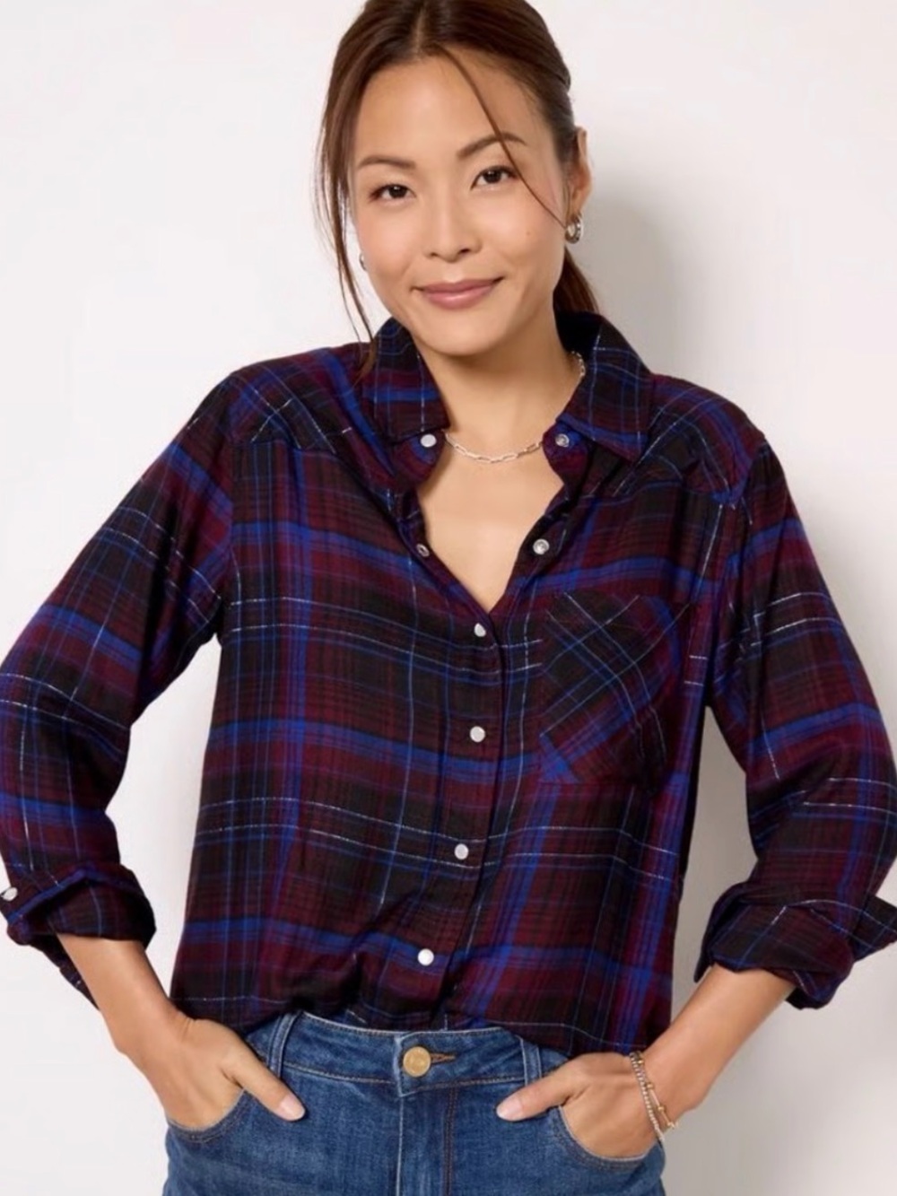 Evereve Burgundy and Navy Plaid Button-Down Shirt